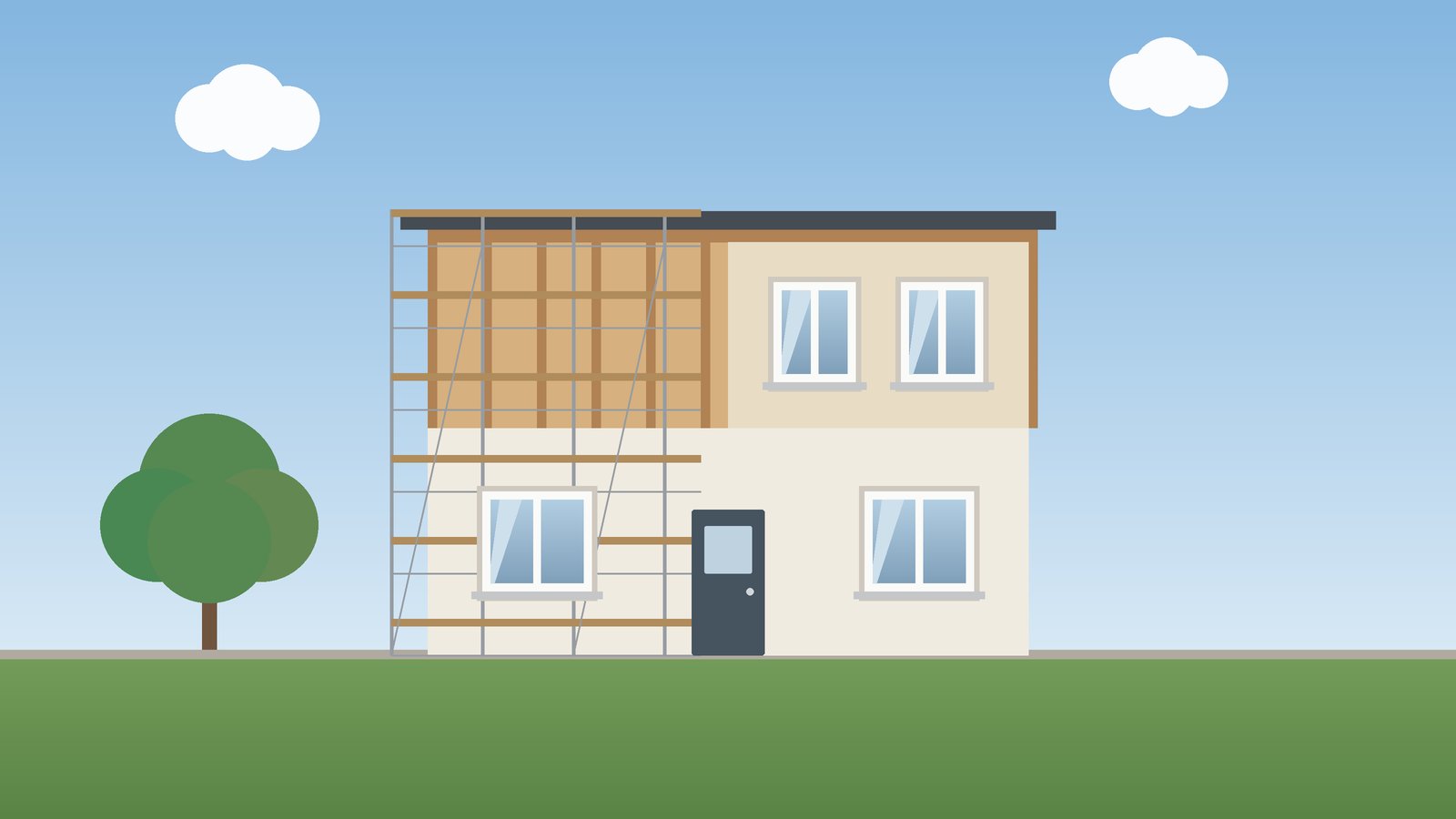 Haus mit neuem Obergeschoss in Holzbauweise, teilweise noch im Rohbau mit Gerüst