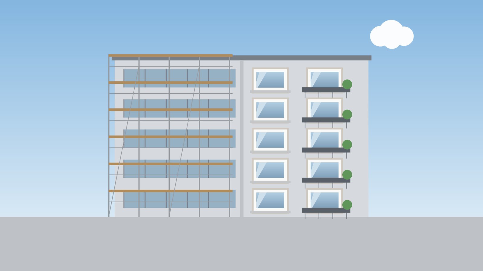 Bürogebäude, links noch mit Bandfenstern und Gerüst, rechts schon mit Wohnungsfenstern und Balkonen