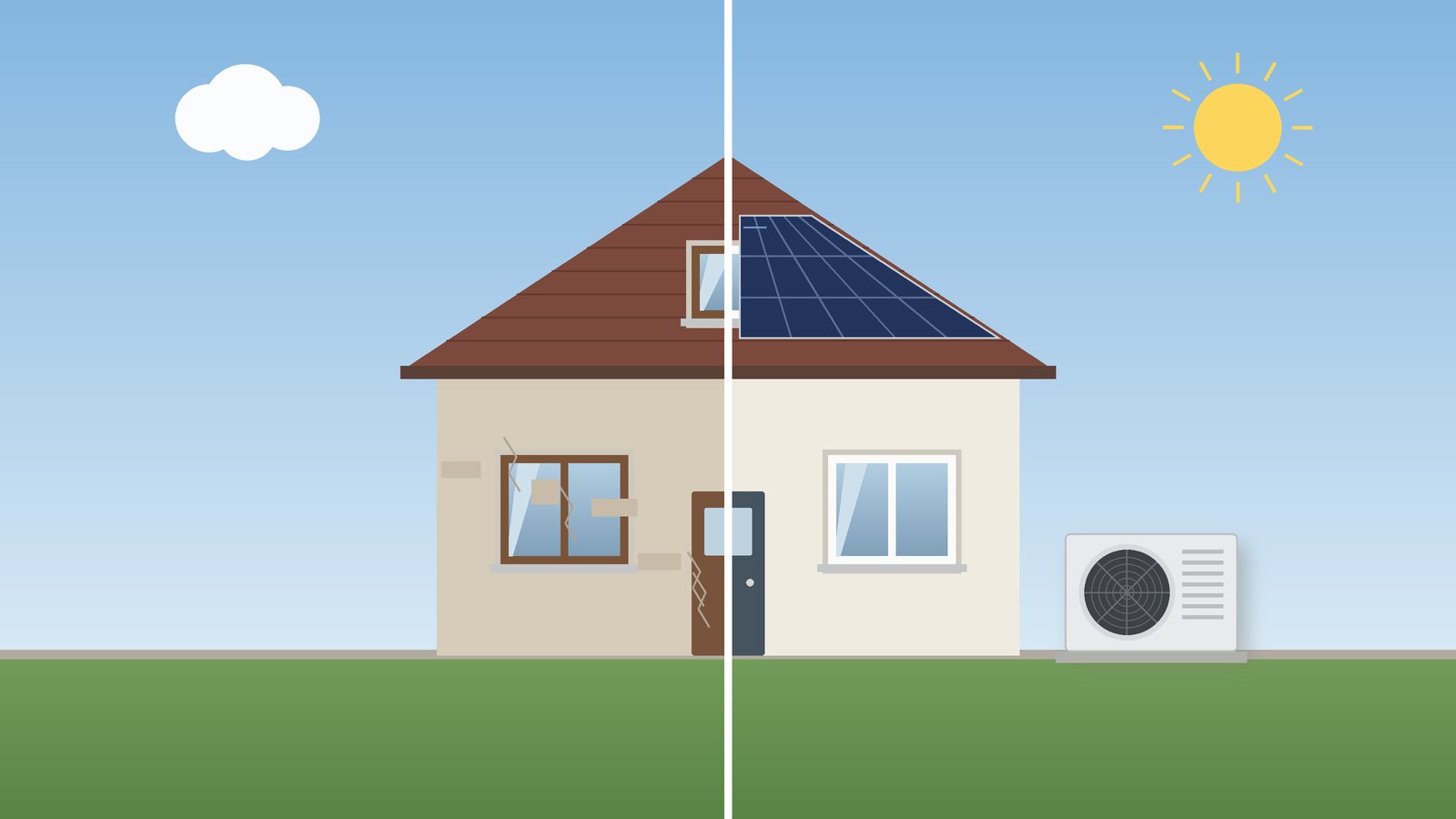 Dasselbe Haus geteilt: links unsaniert mit Rissen, rechts saniert mit Solaranlage und Wärmepumpe