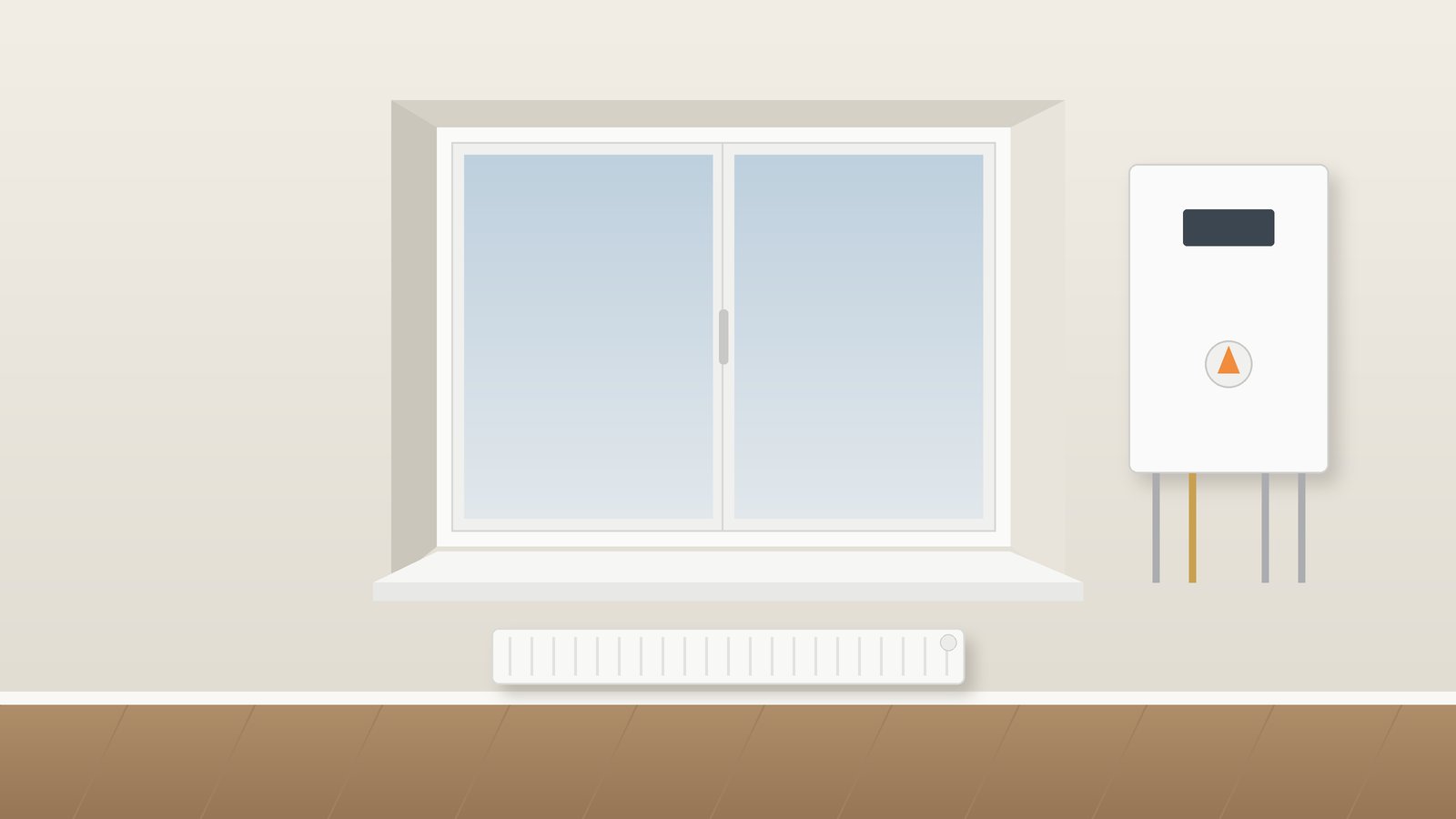 Gastherme an der Wand eines Wohnraums neben einem Fenster