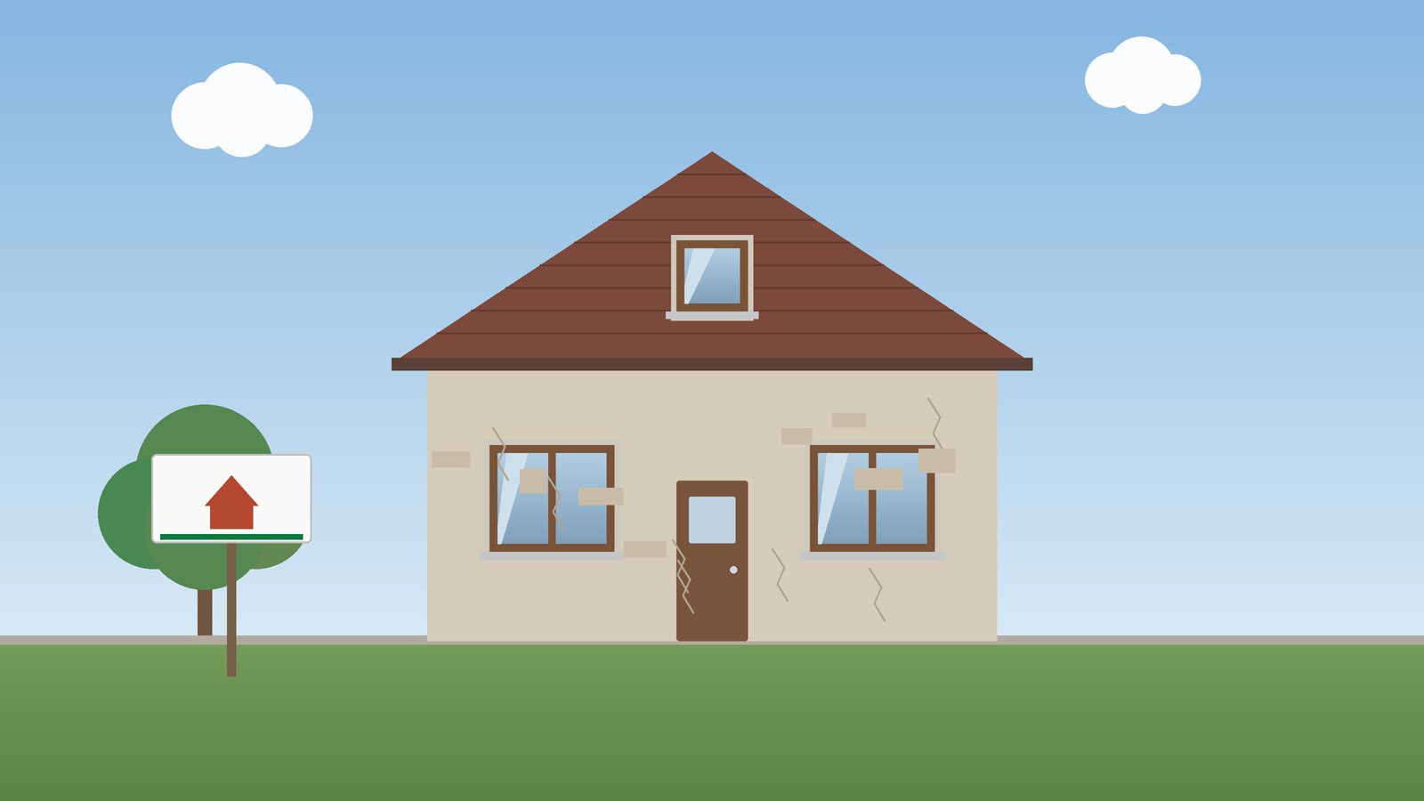 Älteres Einfamilienhaus mit Rissen in der Fassade und einem Schild im Vorgarten