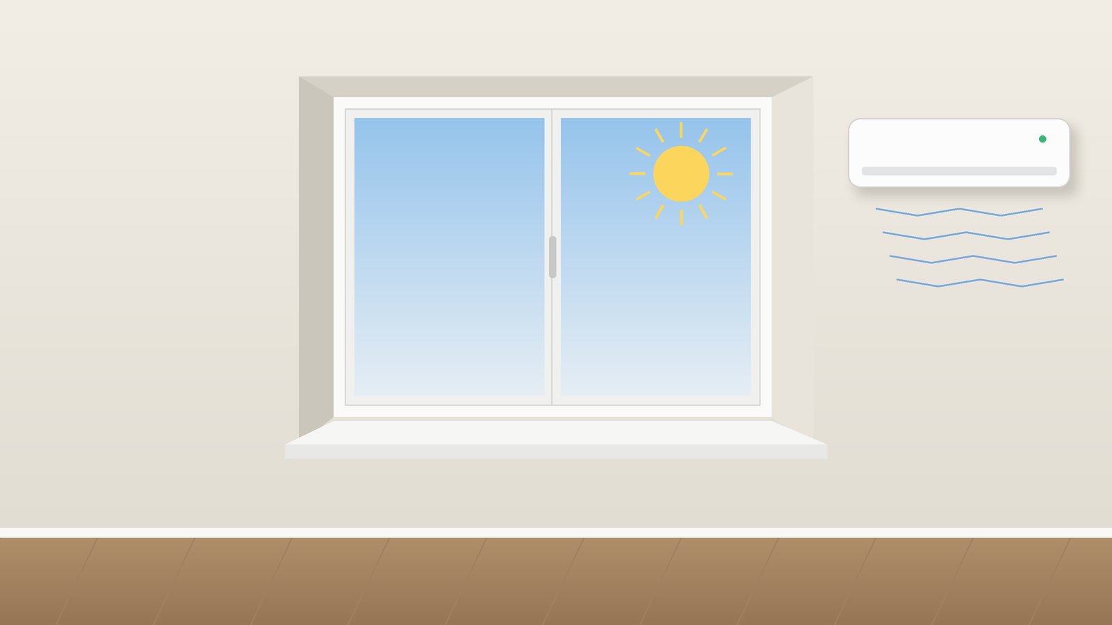 Wandgerät einer Klimaanlage neben einem Fenster, draußen scheint die Sonne