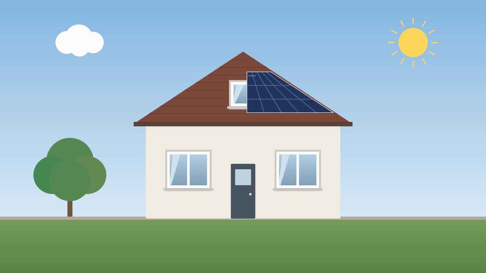Einfamilienhaus mit Solarmodulen auf dem Dach in der Sonne