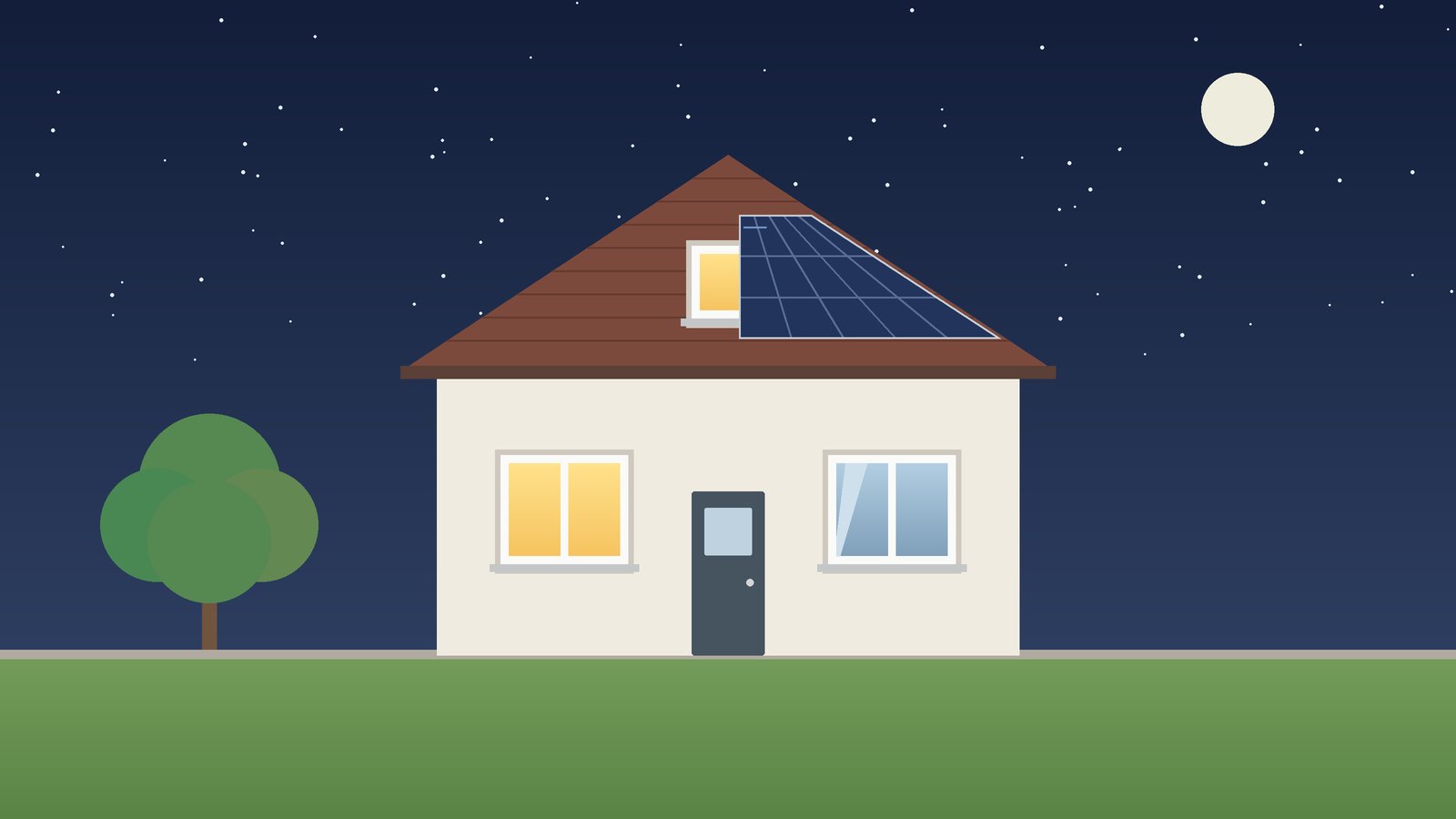 Haus mit Solarmodulen bei Nacht, die Fenster sind hell erleuchtet