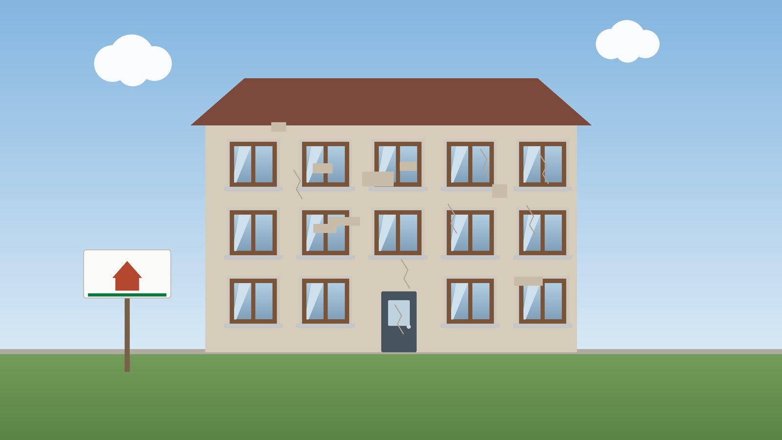 Älteres Mehrfamilienhaus mit Rissen in der Fassade und einem Schild davor