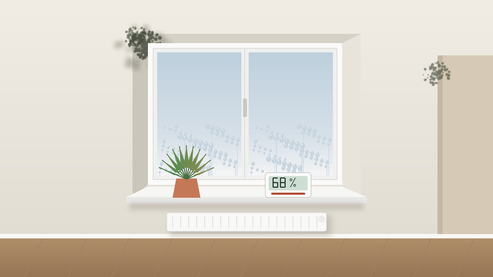 Neues Fenster von innen mit Kondenswasser an den Scheiben und dunklen Schimmelflecken in der Ecke der Fensterlaibung, auf der Fensterbank ein Messgerät mit 68 % Luftfeuchte