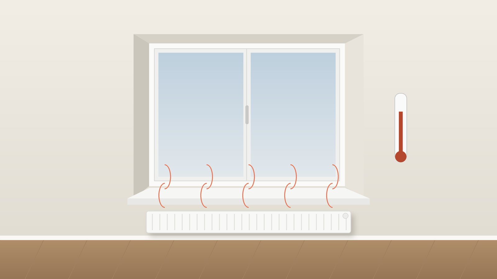 Heizkörper unter einem Fenster mit aufsteigender Wärme und einem Thermometer an der Wand